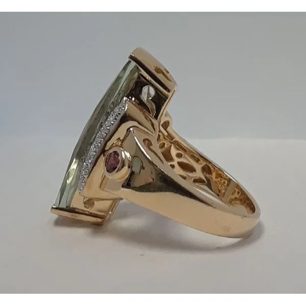 14K Yellow Gold Barrel Cut Cushion Prasiolite, Diamonds & 2 Pink Tourmaline Ring Image 2 Chipper's Jewelry Bonney Lake, WA