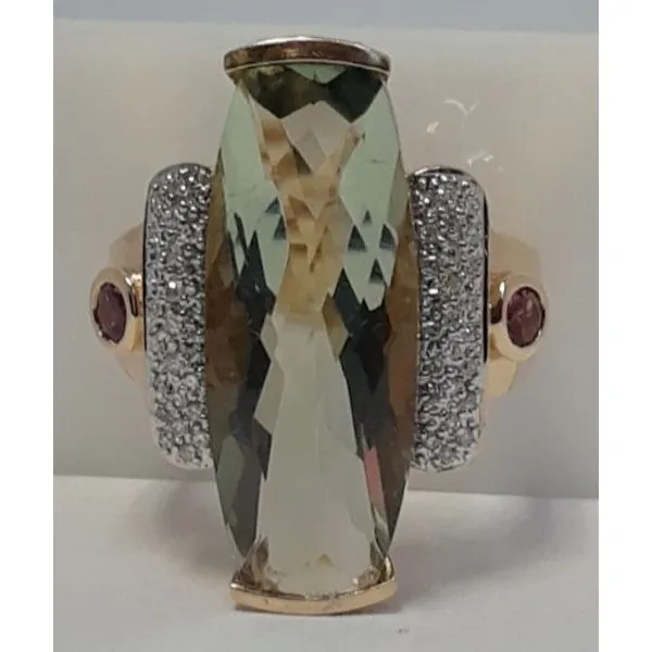 14K Yellow Gold Barrel Cut Cushion Prasiolite, Diamonds & 2 Pink Tourmaline Ring Chipper's Jewelry Bonney Lake, WA