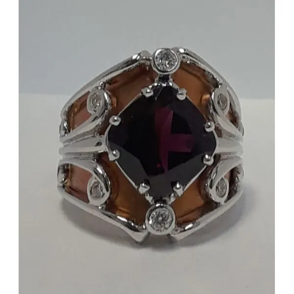 14K Two Toned Gold Garnet Cushion On Point with 10 Diamonds Ring Chipper's Jewelry Bonney Lake, WA