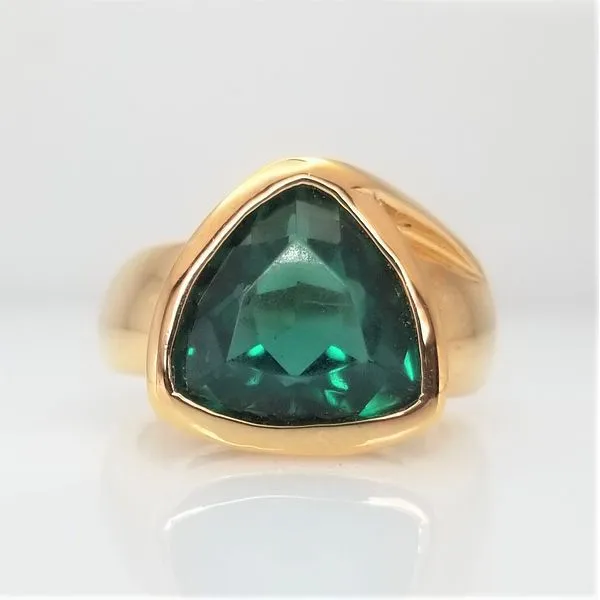 Lab-Grown Trillion Cut Emerald Ring Yellow-Tone Sterling Silver Chipper's Jewelry Bonney Lake, WA