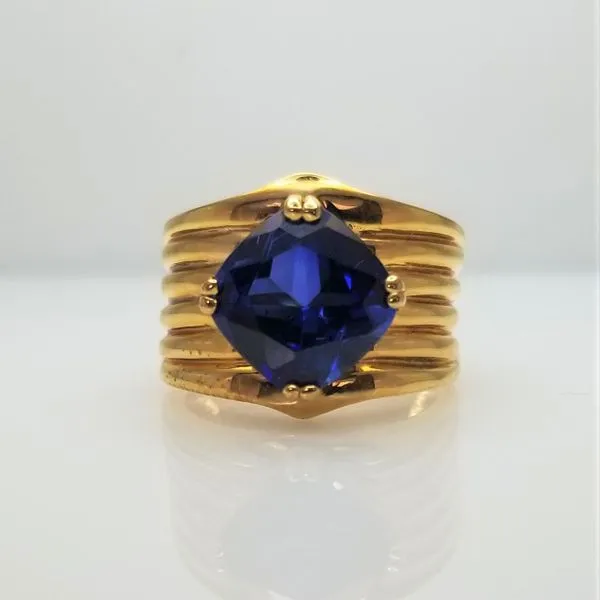 Yellow-Tone Sterling Silver Cushion Cut Synthetic Sapphire Ring Chipper's Jewelry Bonney Lake, WA