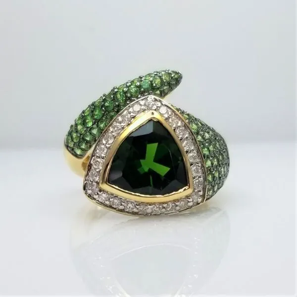 Chrome Diopside Center with Tsavorite and Diamond Sides in 14K Yellow Gold Chipper's Jewelry Bonney Lake, WA