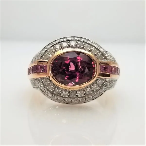 2.08ct Oval Cut Pink Tourmaline with Tourmaline and Diamond Side Stones in 14kt Yellow Gold Chipper's Jewelry Bonney Lake, WA