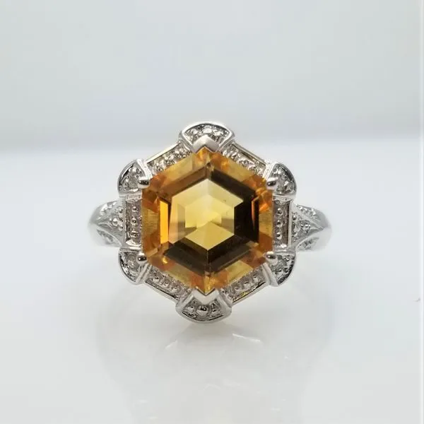 Hexagon Cut Heliodor and Diamond Ring in 14kt White Gold Chipper's Jewelry Bonney Lake, WA