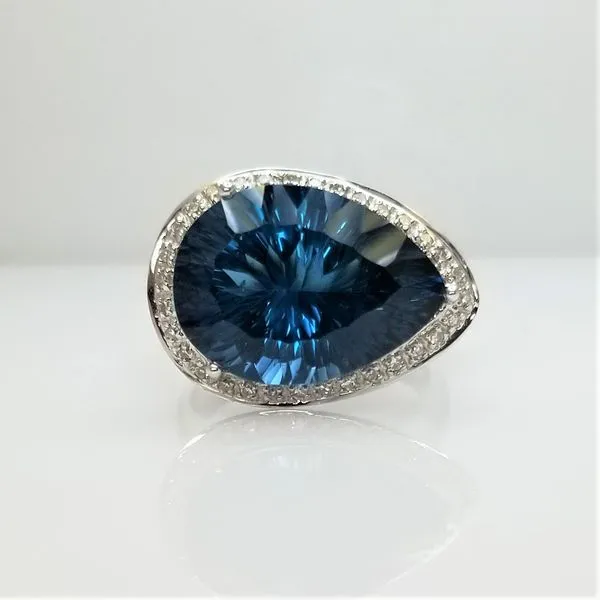 Pear Shaped Optix Cut London Blue Topaz and Diamond Ring in 14kt White Gold Chipper's Jewelry Bonney Lake, WA