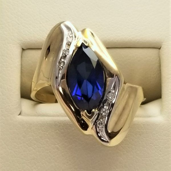 Marquise Cut Synthetic Sapphire and Diamond Ring in 10kt Yellow Gold Image 2 Chipper's Jewelry Bonney Lake, WA