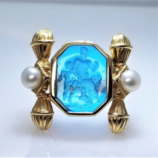 14K Yellow Gold Blue Glass Intaglio Ring with Cultured Pearls Chipper's Jewelry Bonney Lake, WA