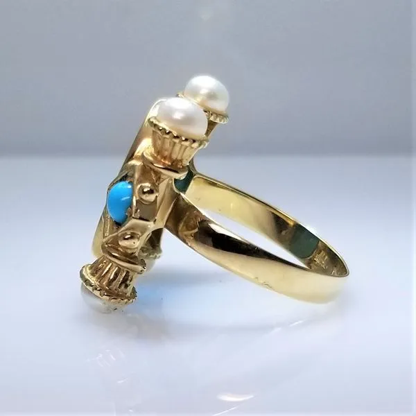 14K Yellow Gold Blue Glass Intaglio Ring with Cultured Pearls and Turquoise Beads Image 2 Chipper's Jewelry Bonney Lake, WA