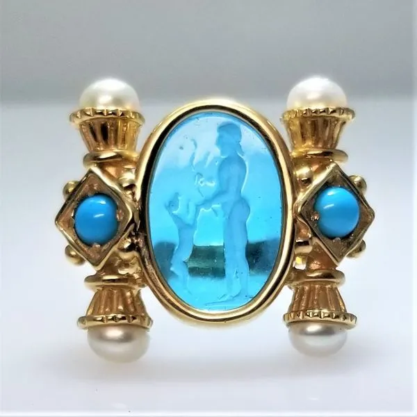 14K Yellow Gold Blue Glass Intaglio Ring with Cultured Pearls and Turquoise Beads Chipper's Jewelry Bonney Lake, WA