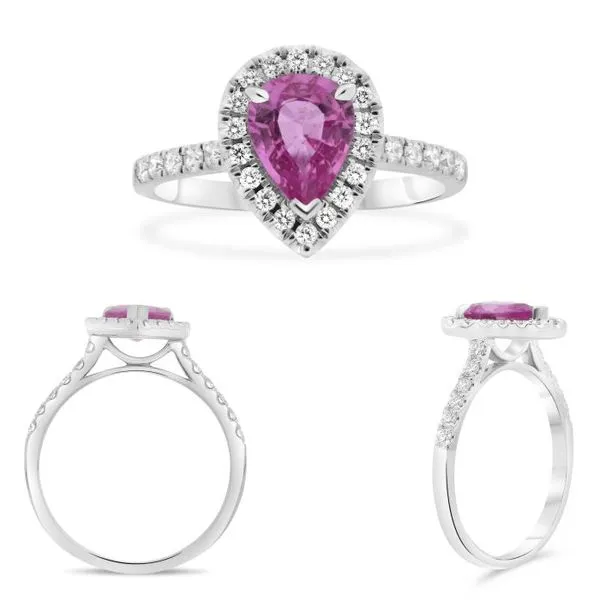 18K White Gold Ring with Pear-Shaped Pink Sapphire and Round Diamonds Chipper's Jewelry Bonney Lake, WA