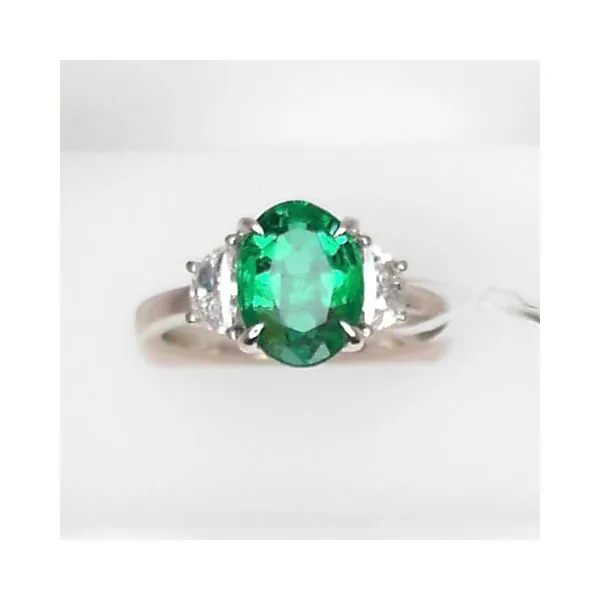 Platinum Ring with Oval Emerald and Half Moon Diamonds Image 2 Chipper's Jewelry Bonney Lake, WA