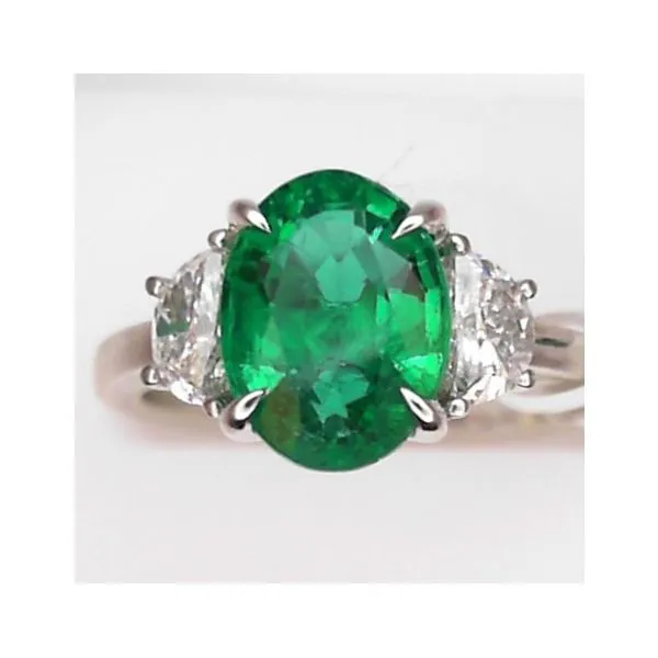 Platinum Ring with Oval Emerald and Half Moon Diamonds Chipper's Jewelry Bonney Lake, WA