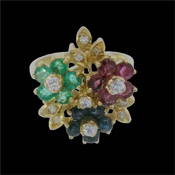 14K Yellow Gold Diamond Emerald Sapphire Flower Ring Chipper's Jewelry Bonney Lake, WA
