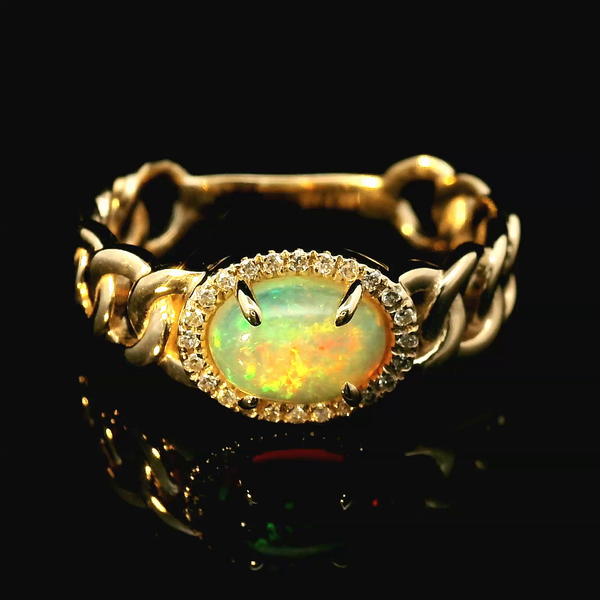 14K Yellow Gold Opal Diamond Chain Ring Chipper's Jewelry Bonney Lake, WA