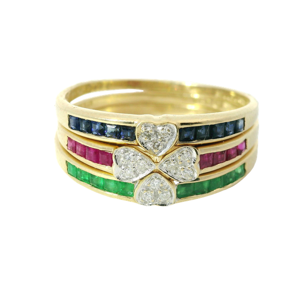 Emerald Ruby Sapphire Ring Trio in 14K Yellow Gold Chipper's Jewelry Bonney Lake, WA