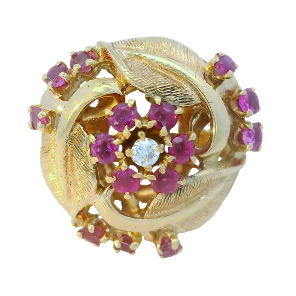 14K Yellow Gold Vintage Ruby Diamond Flower Ring Chipper's Jewelry Bonney Lake, WA