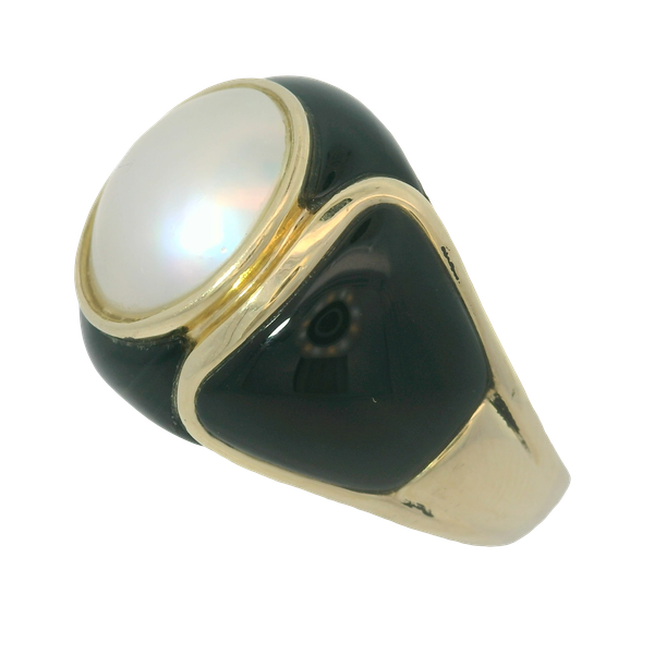 14K Yellow Gold Mabe Pearl & Onyx Ring Image 2 Chipper's Jewelry Bonney Lake, WA