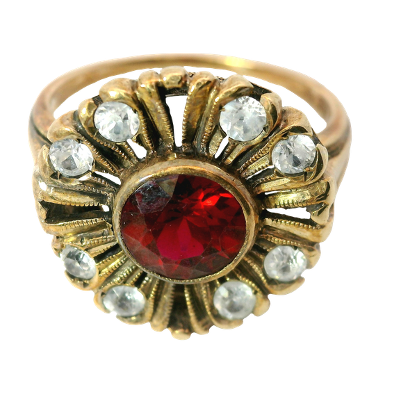 10KY Lab-Grown Ruby and Clear Zircon Ring.  SZ 6.  Stones have facet wear Chipper's Jewelry Bonney Lake, WA