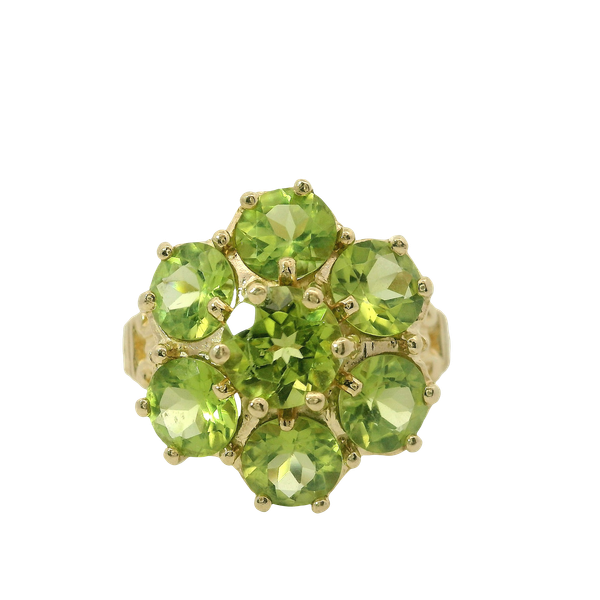 14KY Peridot Cluster Ring with 7 Round Peridot.  SZ 6. Chipper's Jewelry Bonney Lake, WA