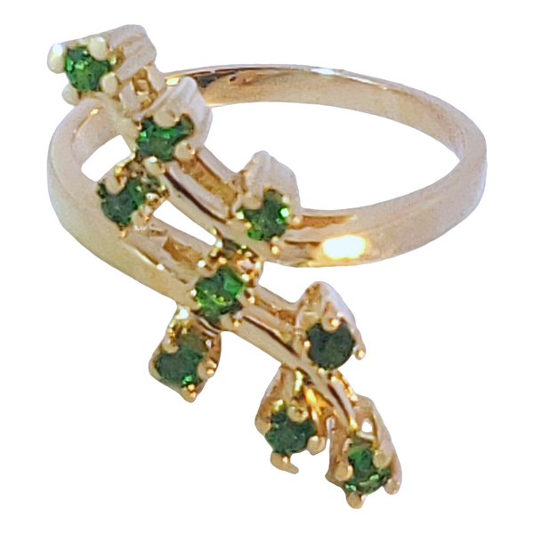 14KY Bypass Style Tsavorite Ring.  SZ 6.25.  3 Stones are Chipped. Chipper's Jewelry Bonney Lake, WA