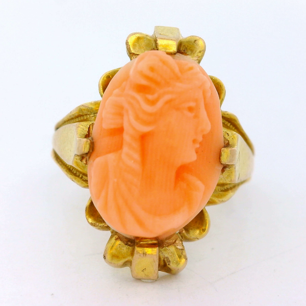 10KY Coral Cameo Ring SZ 4.25.  Coral Measure Approximately 13.50 x 9.20 x 4.50mm. Chipper's Jewelry Bonney Lake, WA