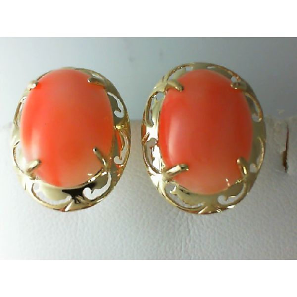 14K Yellow Gold Coral Cabochon Lever Back Earrings Chipper's Jewelry Bonney Lake, WA