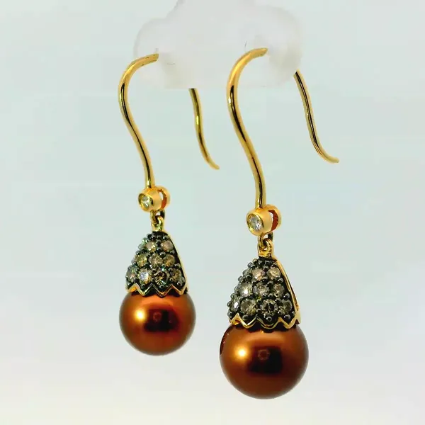 14KY 9mm Chocolate Pearl /Chocolate Diamond Dangle Earrings Image 3 Chipper's Jewelry Bonney Lake, WA