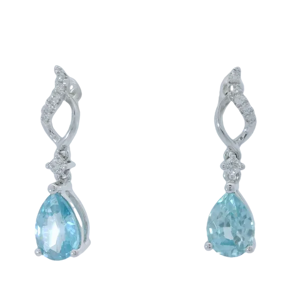 14K White Gold Blue Zircon Diamond Dangle Earrings Chipper's Jewelry Bonney Lake, WA