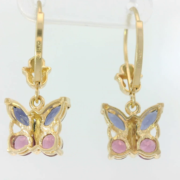 14K Yellow Gold Iolite Pink Tourmaline Butterfly Dangle Earrings Image 2 Chipper's Jewelry Bonney Lake, WA