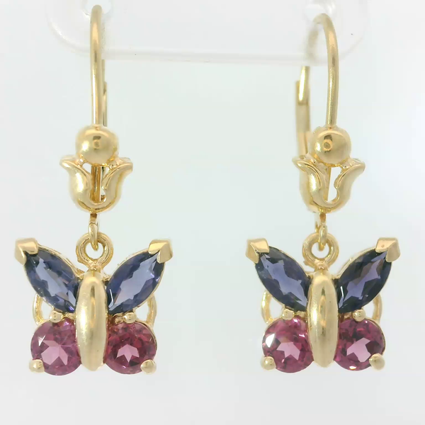 14K Yellow Gold Iolite Pink Tourmaline Butterfly Dangle Earrings Chipper's Jewelry Bonney Lake, WA