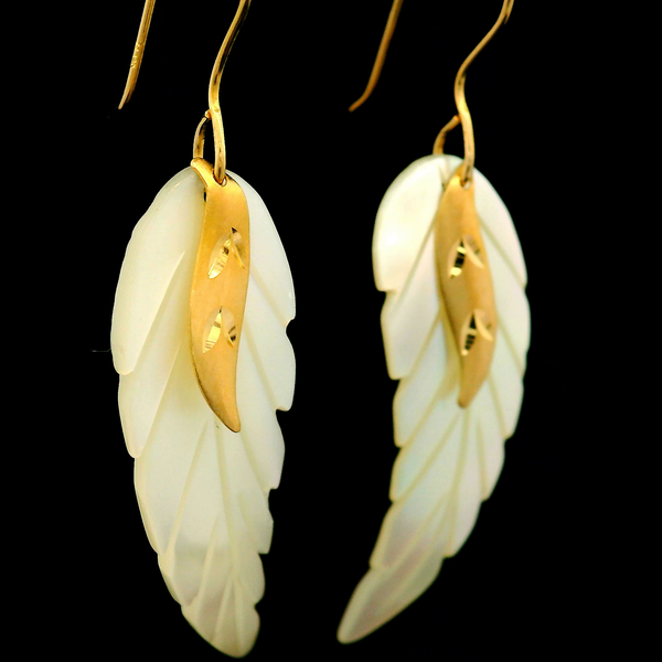 14KY Feather or Leaf Mother-of-Pearl Dangle Earrings Image 2 Chipper's Jewelry Bonney Lake, WA
