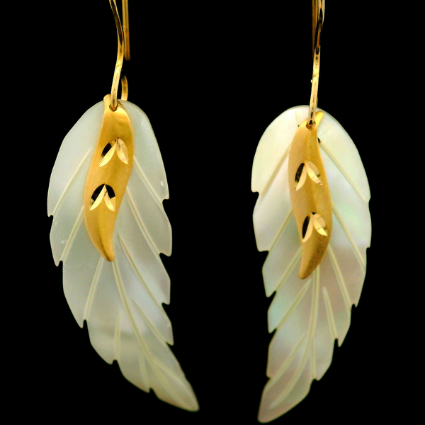 14KY Feather or Leaf Mother-of-Pearl Dangle Earrings Chipper's Jewelry Bonney Lake, WA