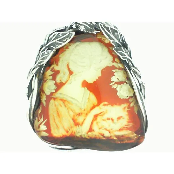 Sterling Silver Carved Amber Lady and Cat Pendant Chipper's Jewelry Bonney Lake, WA