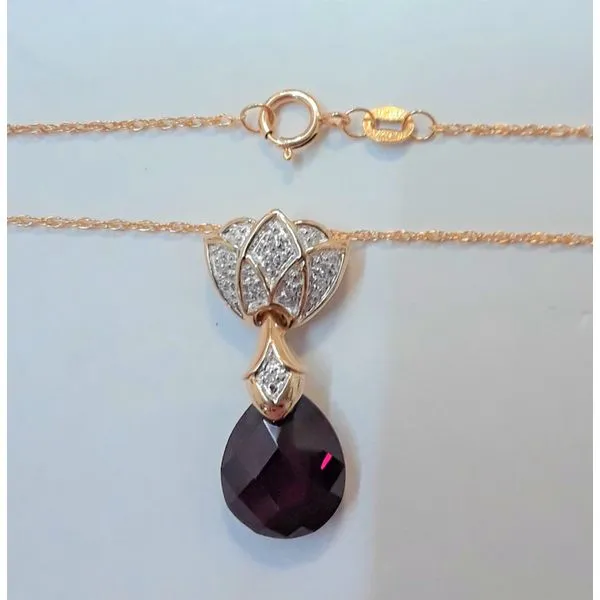 14K Yellow Gold Rhodolite Garnet Pendant with Diamonds and Gold Filled Chain Chipper's Jewelry Bonney Lake, WA