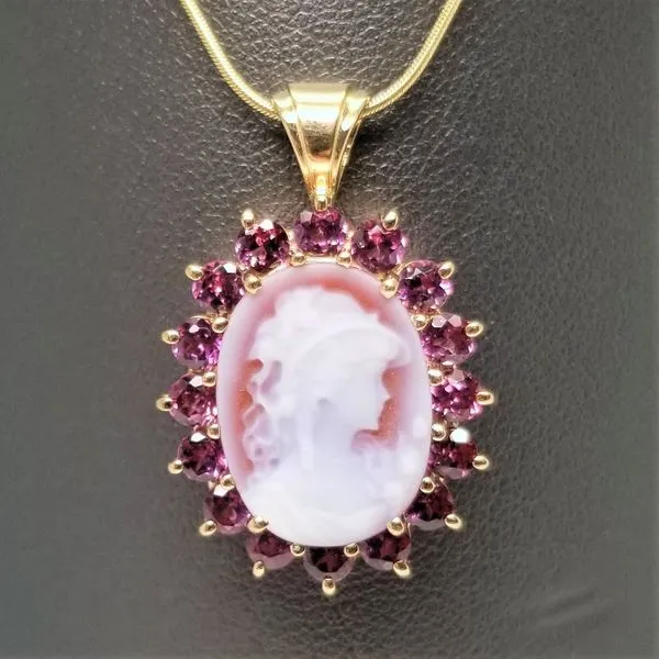 Sardonyx Cameo with Pink Tourmaline Side Stones Pendant Chipper's Jewelry Bonney Lake, WA