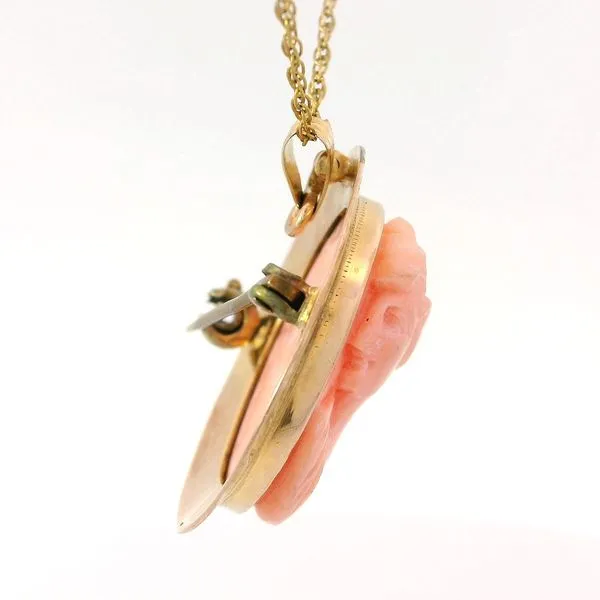 10K Yellow Gold Vintage Coral Cameo Brooch/Pendant with 18" Gold Filled Chain Image 2 Chipper's Jewelry Bonney Lake, WA