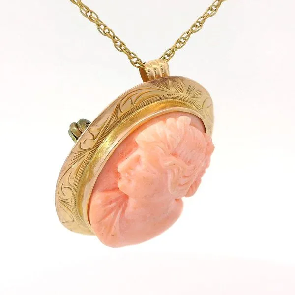 10K Yellow Gold Vintage Coral Cameo Brooch/Pendant with 18" Gold Filled Chain Image 3 Chipper's Jewelry Bonney Lake, WA
