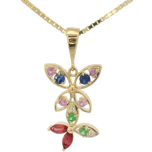 14K Yellow Gold Butterfly/Multi-Stone Pendant with 18" Box Chain Chipper's Jewelry Bonney Lake, WA