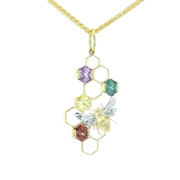 18K Yellow Gold Hexagon Sapphire Honeycomb & Bee Pendant Chipper's Jewelry Bonney Lake, WA