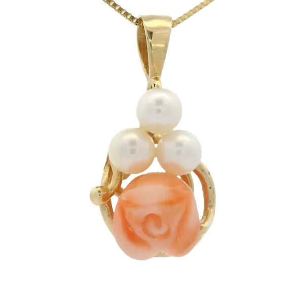 14KY Coral Pearl Pendant w/ 18