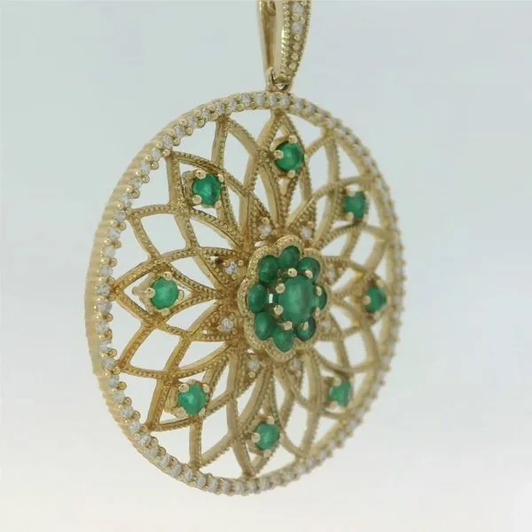 14KY Emerald Diamond Flower Circle Pendant Image 3 Chipper's Jewelry Bonney Lake, WA