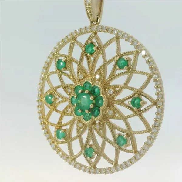 14KY Emerald Diamond Flower Circle Pendant Image 4 Chipper's Jewelry Bonney Lake, WA