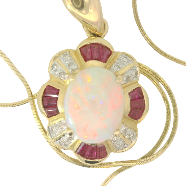 14K Yellow Gold Opal Ruby Diamond Pendant with Snake Chain Chipper's Jewelry Bonney Lake, WA