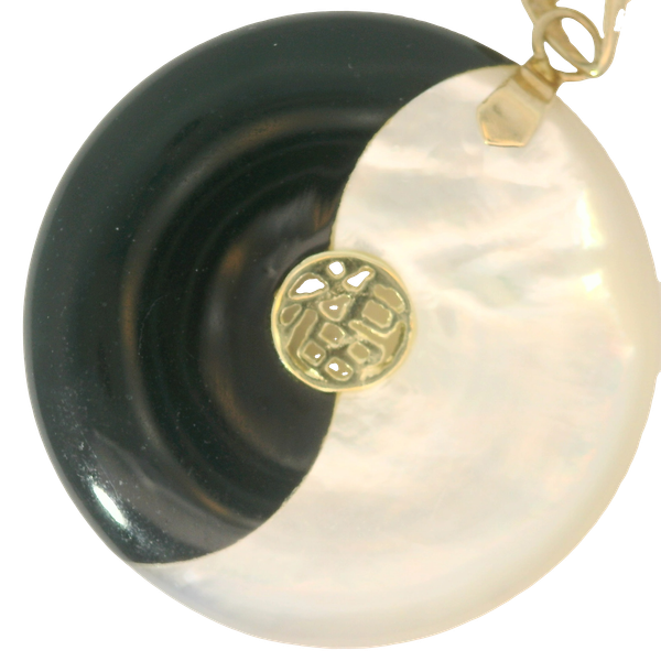14K Yellow Gold Onyx & Mother of Pearl Chinese Good Luck Pendant Chipper's Jewelry Bonney Lake, WA