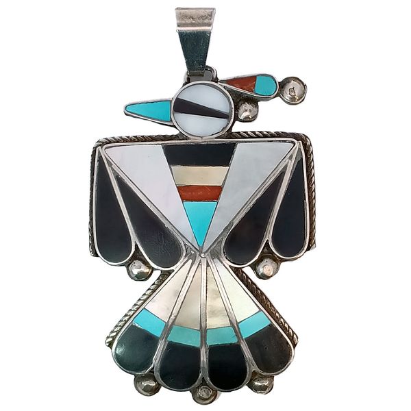 Sterling Silver Zuni Large Thunderbird Pendant with Inlaid Gemstones Chipper's Jewelry Bonney Lake, WA