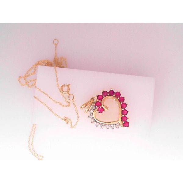 14KY Ruby and Diamond Heart Pendant with 18 Inch Open Rope Chain. Chipper's Jewelry Bonney Lake, WA
