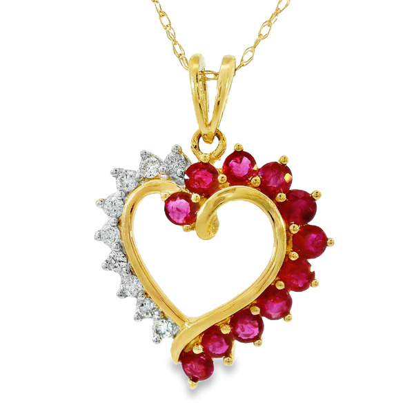 14KY Ruby and Diamond Heart Pendant with 18 Inch Open Rope Chain. Chipper's Jewelry Bonney Lake, WA