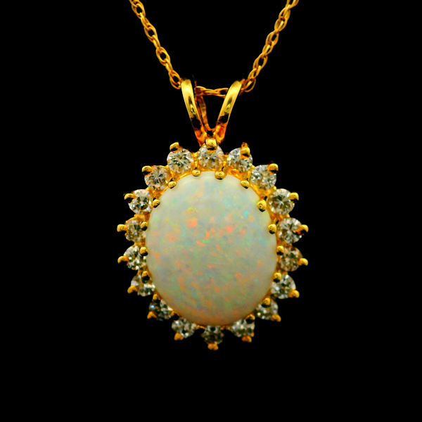 14KY Opal and Diamond Halo Pendant w/ 10KY Open Rope Chain Chipper's Jewelry Bonney Lake, WA