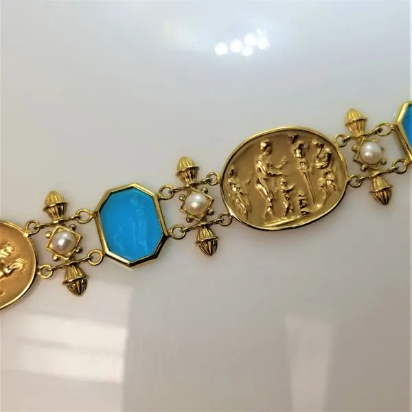 Blue Glass Intaglio Bracelet with Cultured Pearls in 14K Yellow Gold Image 2 Chipper's Jewelry Bonney Lake, WA