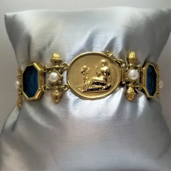 Blue Glass Intaglio Bracelet with Cultured Pearls in 14K Yellow Gold Chipper's Jewelry Bonney Lake, WA